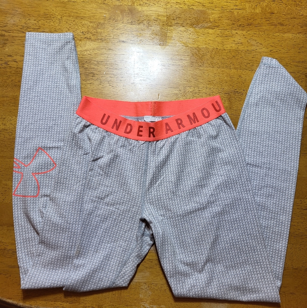UNDER ARMOUR ATHLETIC SPORTS LEGGINGS GRAY W/ORANGE GRAPHICS SZ IN PHOTOS EX CON